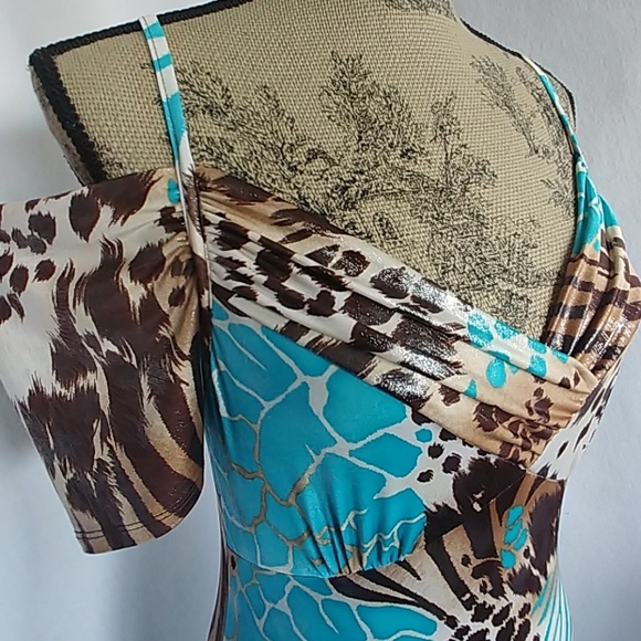 Dots Shimmery Cold Shoulder Animal Print Dress - Picture 2 of 7